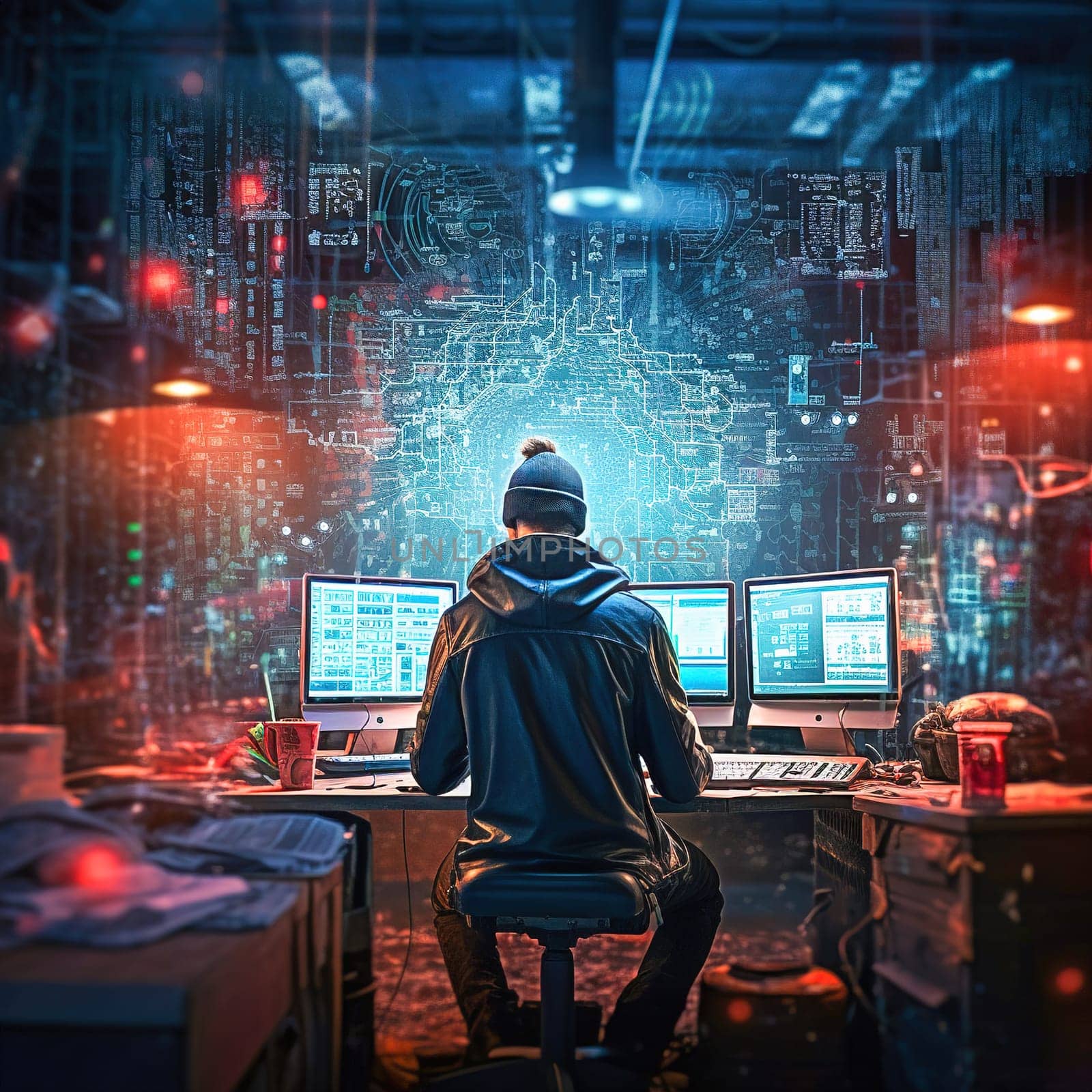 A male programmer works at a computer. World Wide Web. High quality illustration