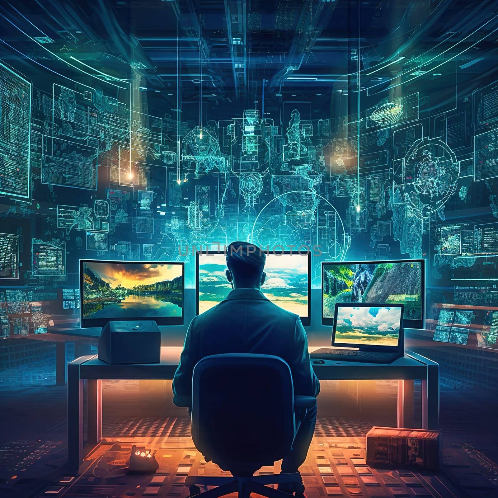 A male programmer works at a computer. World Wide Web. High quality illustration