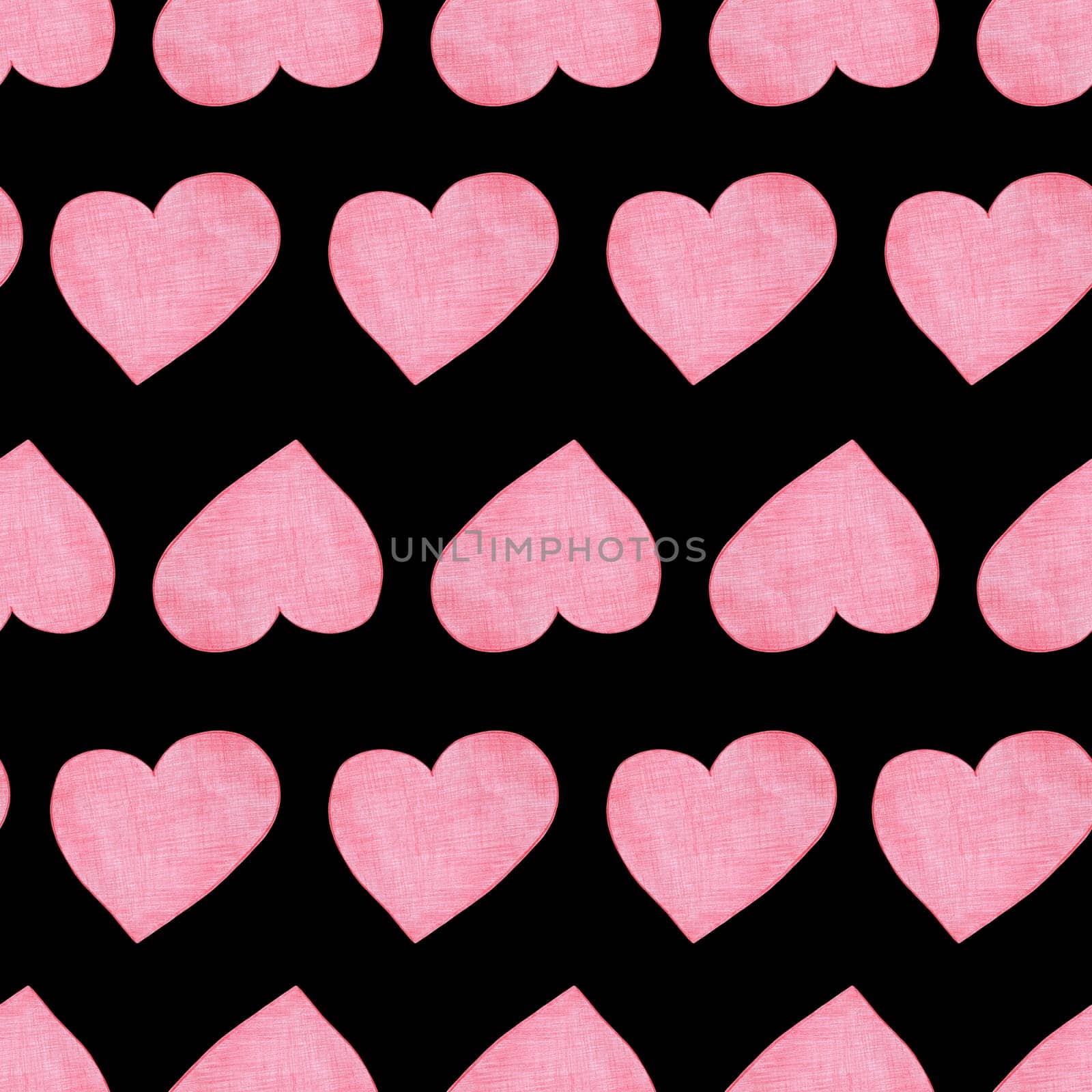 Seamless Pattern with Hearts. Hand Drawn Valentines Background. Red Hearts on Black Background. Digital Paper Drawn by Colored Pencils.