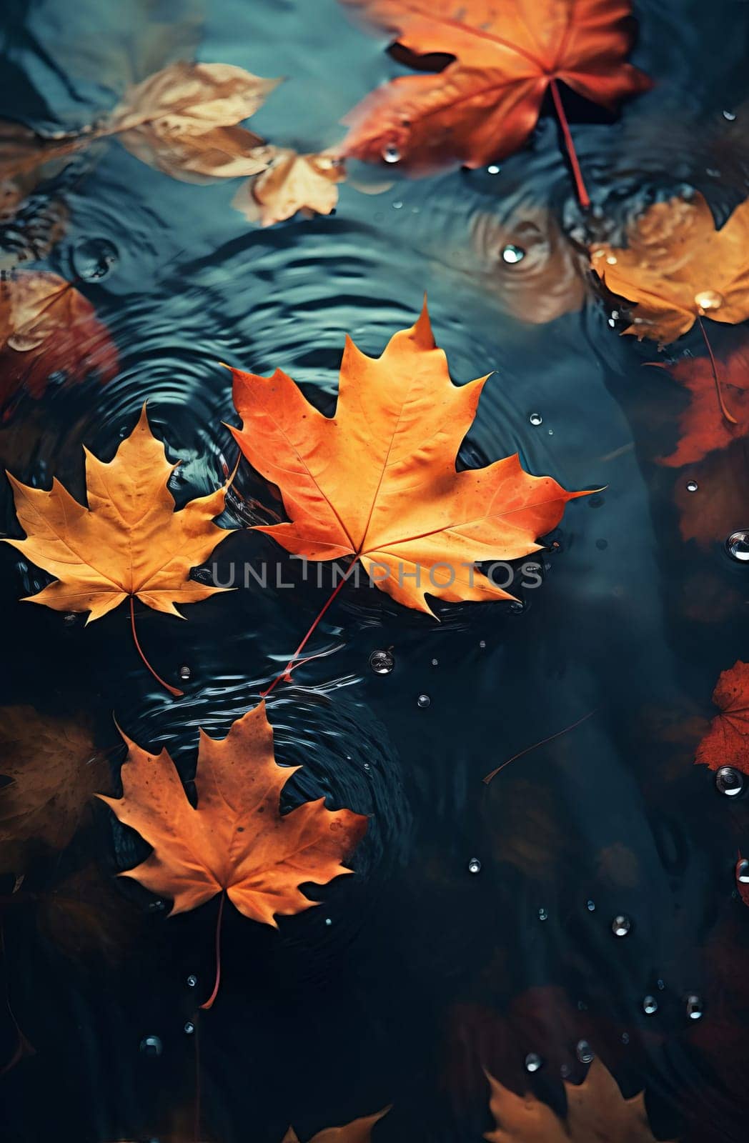 Close-up of fallen maple leaves in an autumn puddle after rain. Autumn, fading, leaf fall. Selective focus. AI generathed...