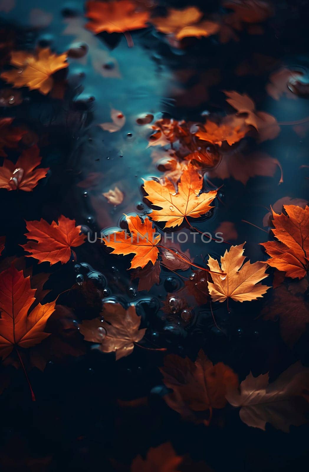 Close-up of fallen maple leaves in an autumn puddle after rain. Autumn, fading, leaf fall. Selective focus. AI generathed...