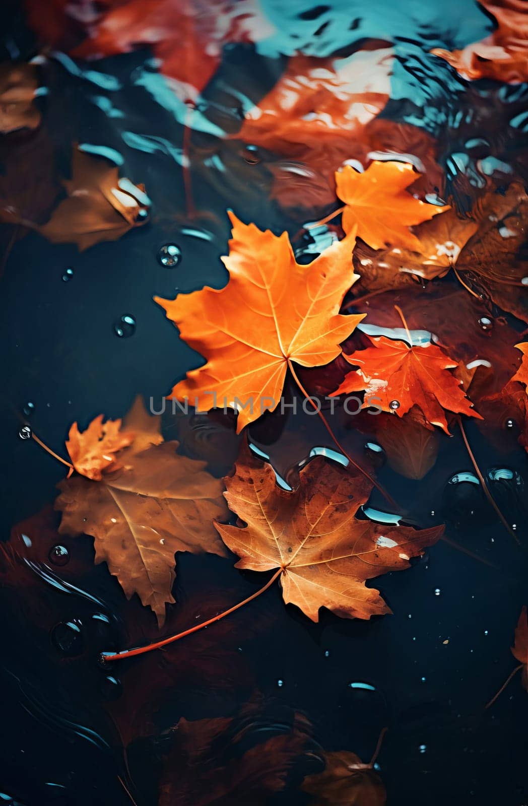 Close-up of fallen maple leaves in an autumn puddle after rain. Autumn, fading, leaf fall. Selective focus. AI generathed...