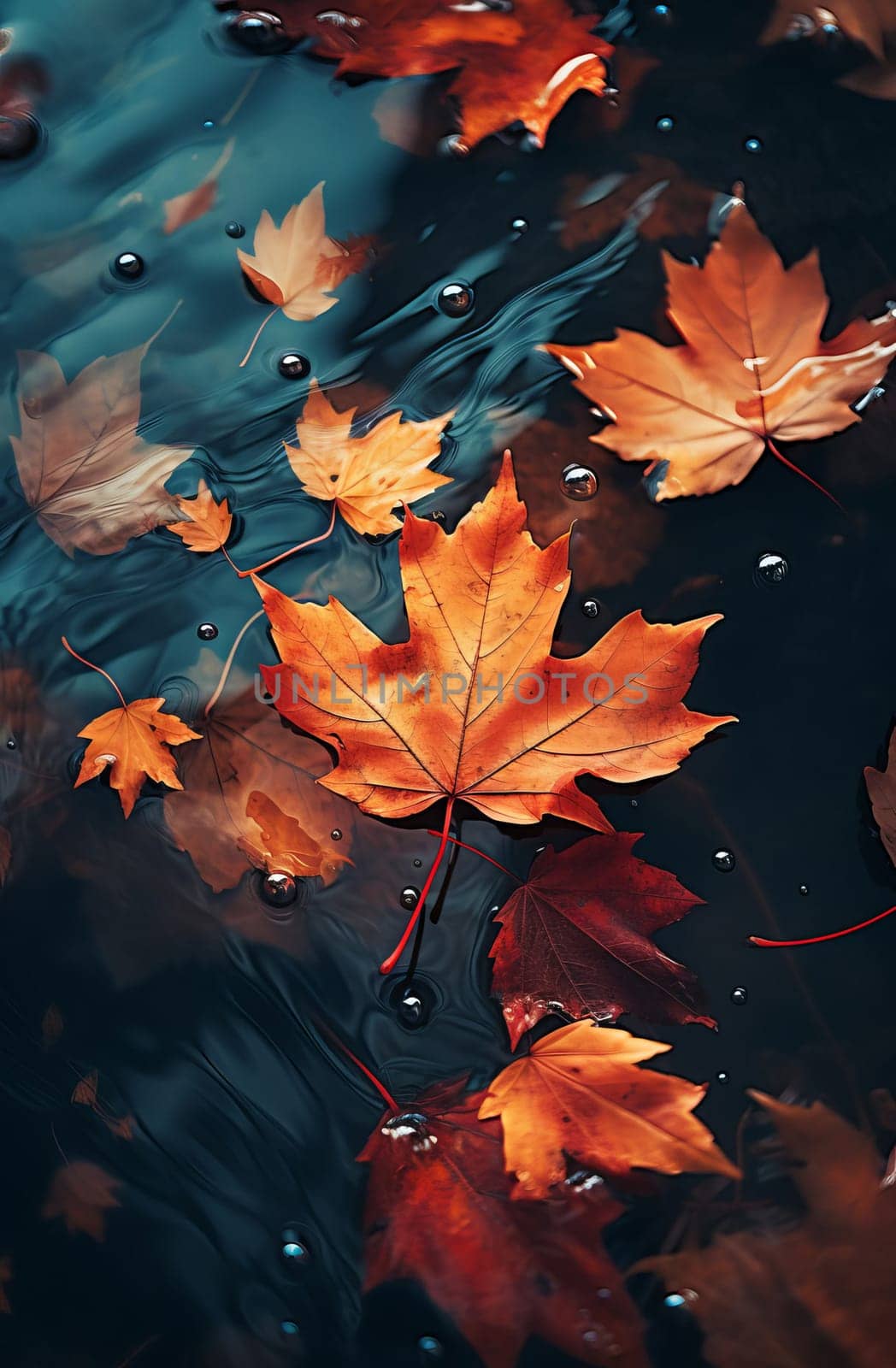 Close-up of fallen maple leaves in an autumn puddle after rain. Autumn, fading, leaf fall. Selective focus. AI generathed...