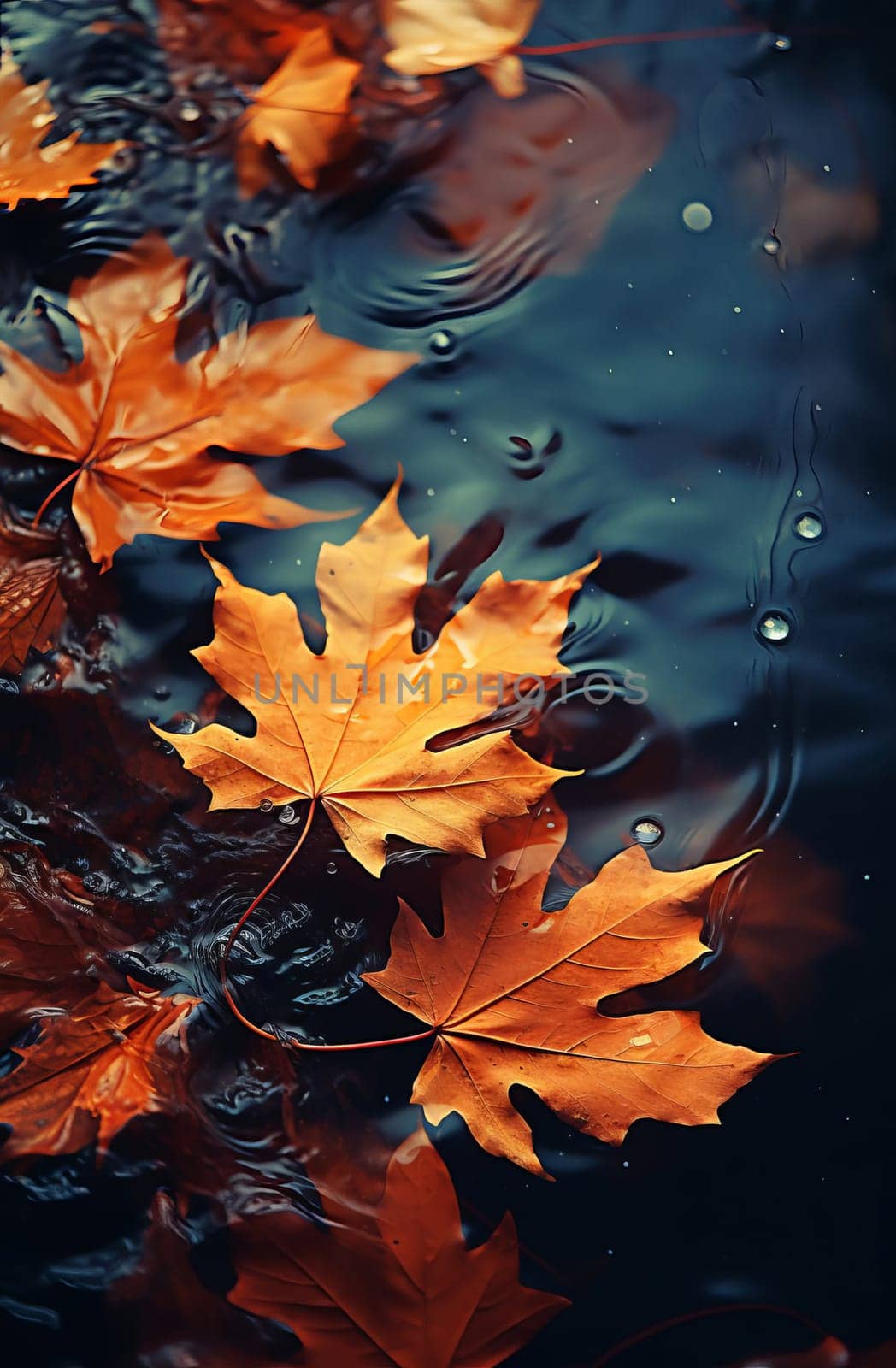 Close-up of fallen maple leaves in an autumn puddle after rain. Autumn, fading, leaf fall. Selective focus. AI generathed...