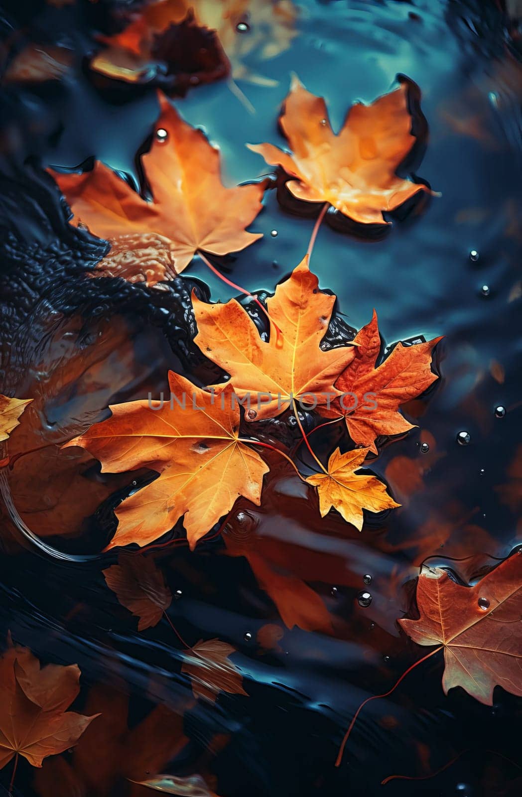 Close-up of fallen maple leaves in an autumn puddle after rain. Autumn, fading, leaf fall. Selective focus. AI generathed...