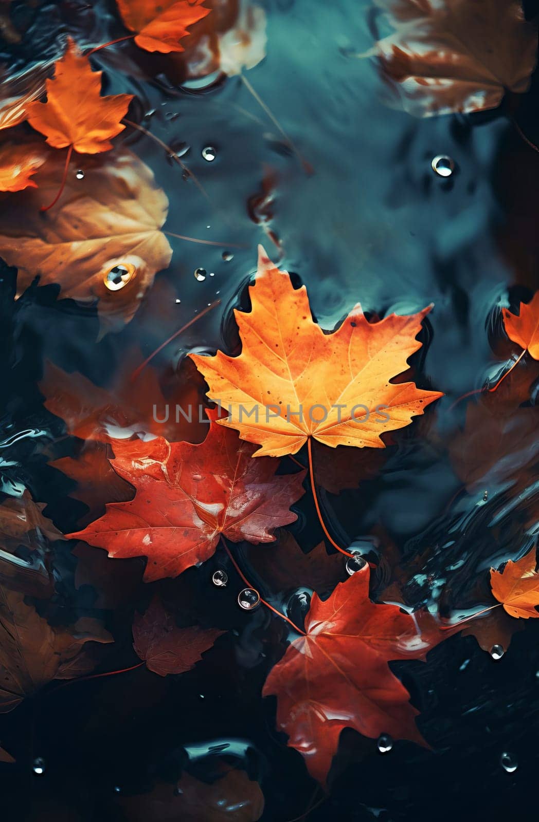 Close-up of fallen maple leaves in an autumn puddle after rain. Autumn, fading, leaf fall. Selective focus. AI generathed...