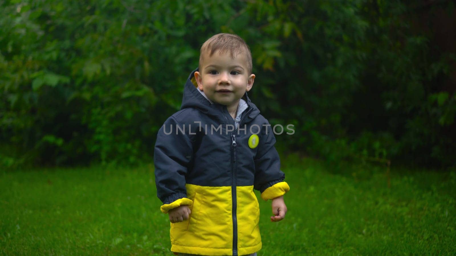 A little boy in nature against the backdrop of greenery after the rain. The child smiles close-up. 4k