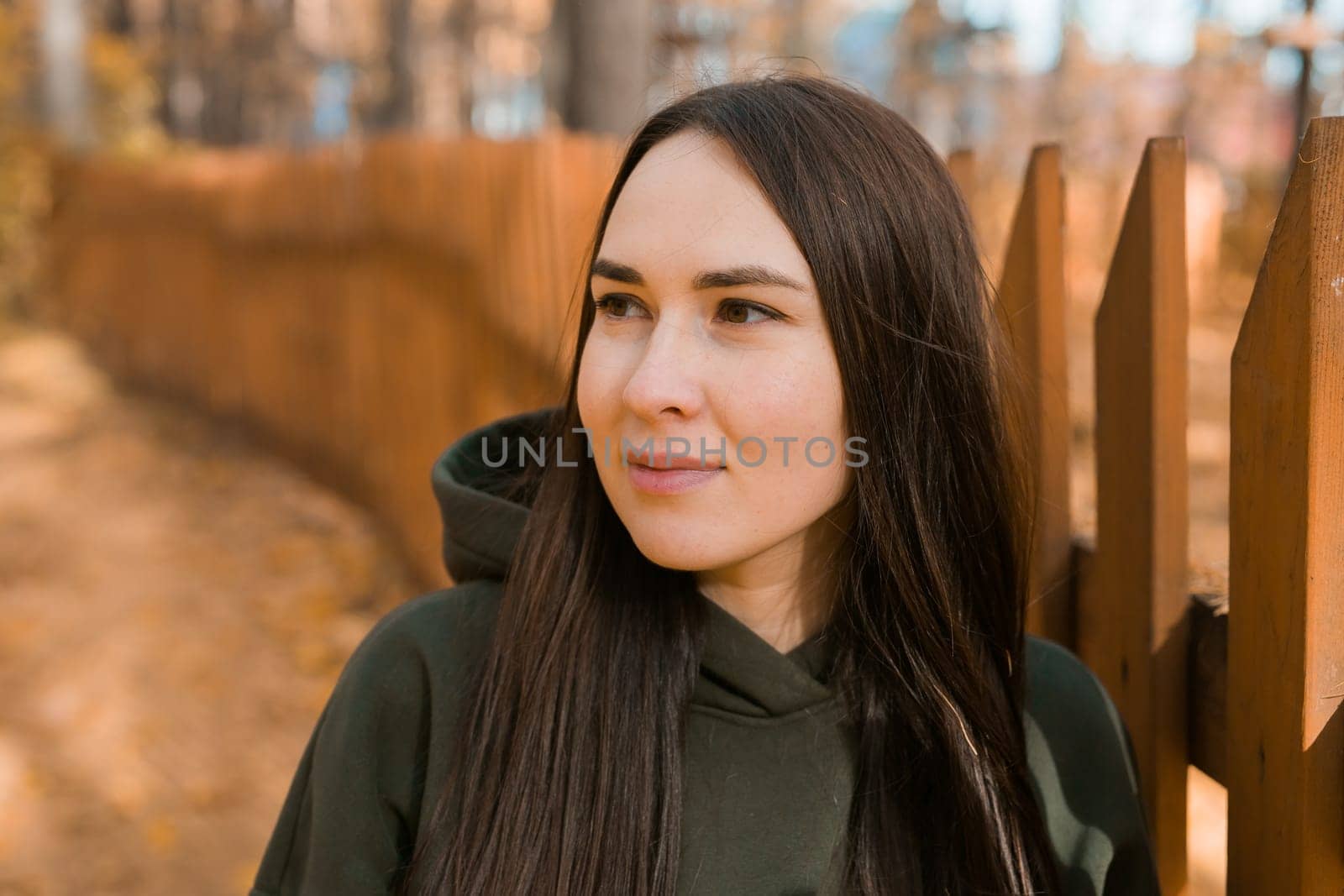 Beautiful smiling woman walking outdoors in autumn nature, Fall season copy space by Satura86