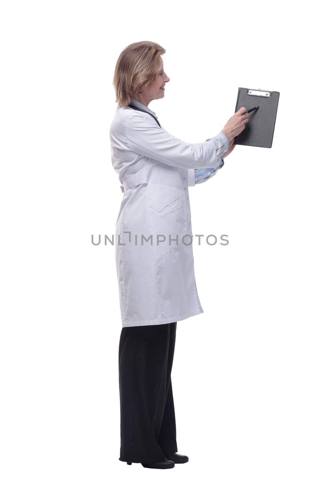 Female doctor smiling and showing a clipboard with an empty document. Concept of results and information of treatment
