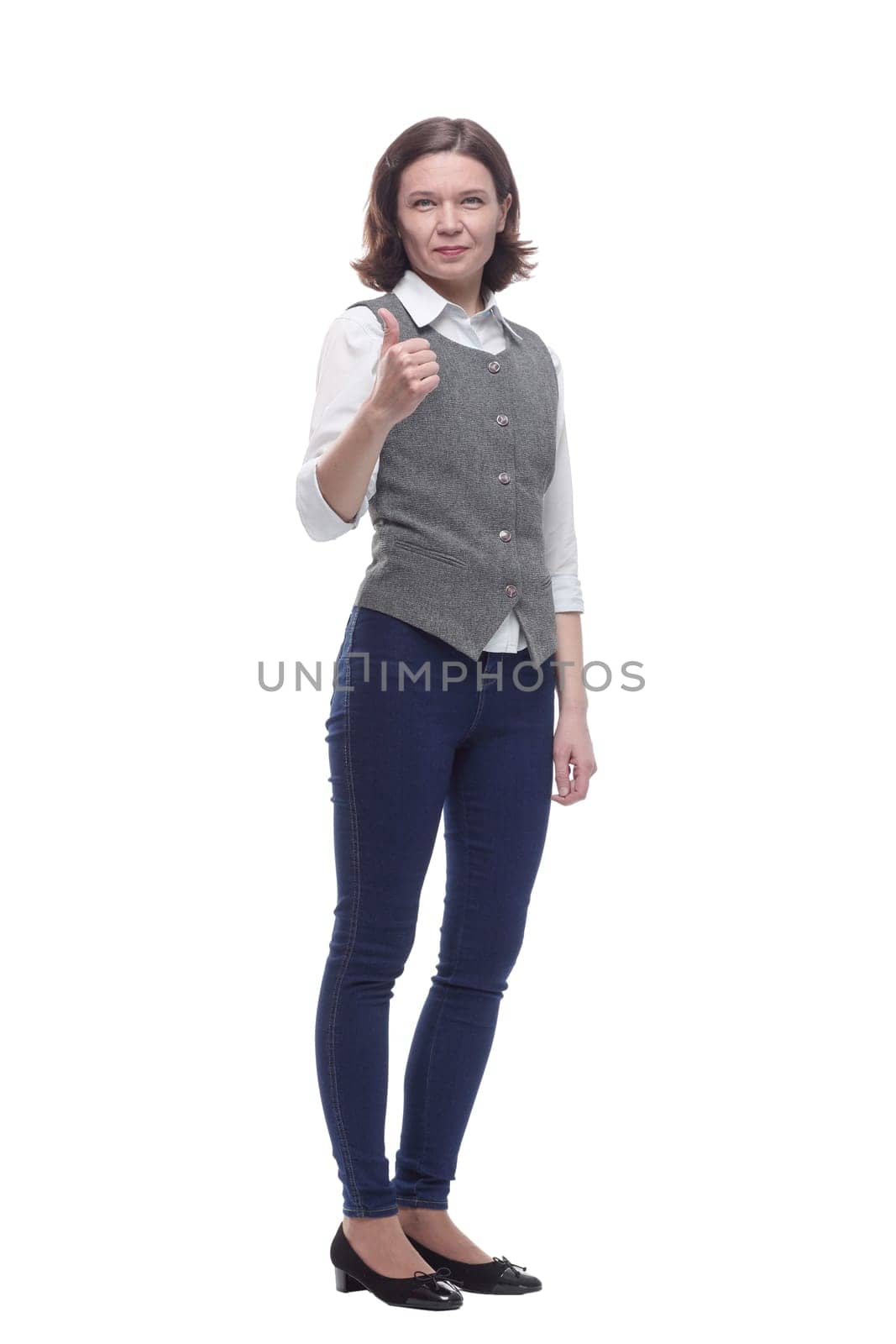 Mature woman in casual clothes pointing at you. isolated on a white background.