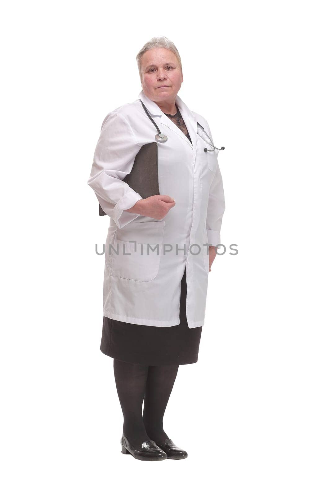 Female doctor in blue scrubs pointing pen at camera. Concept of you are next