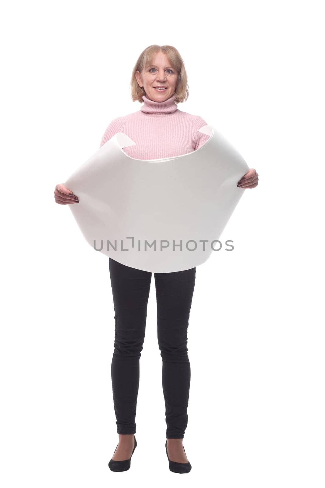 Full length of an attractive woman architect standing isolated over white background, holding house scheme