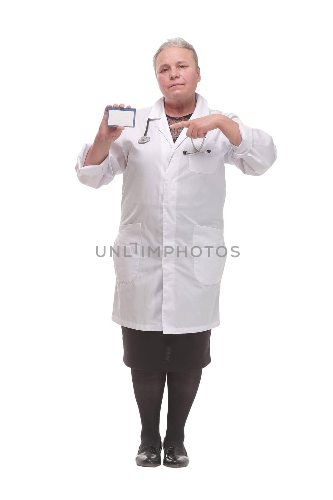 Nurse or medical doctor woman showing business card isolated on white background
