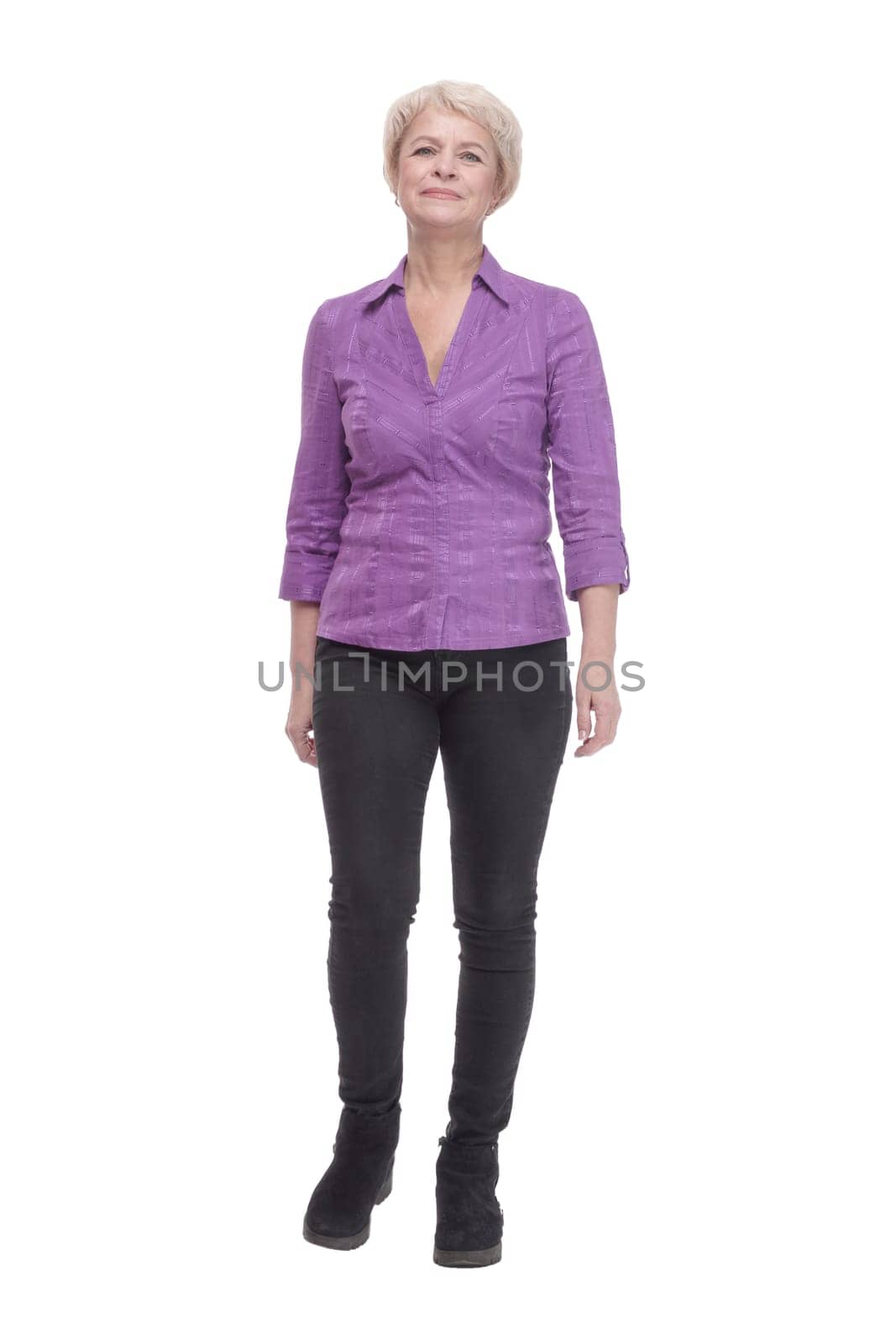 in full growth. attractive mature woman in casual clothing. isolated on a white background.