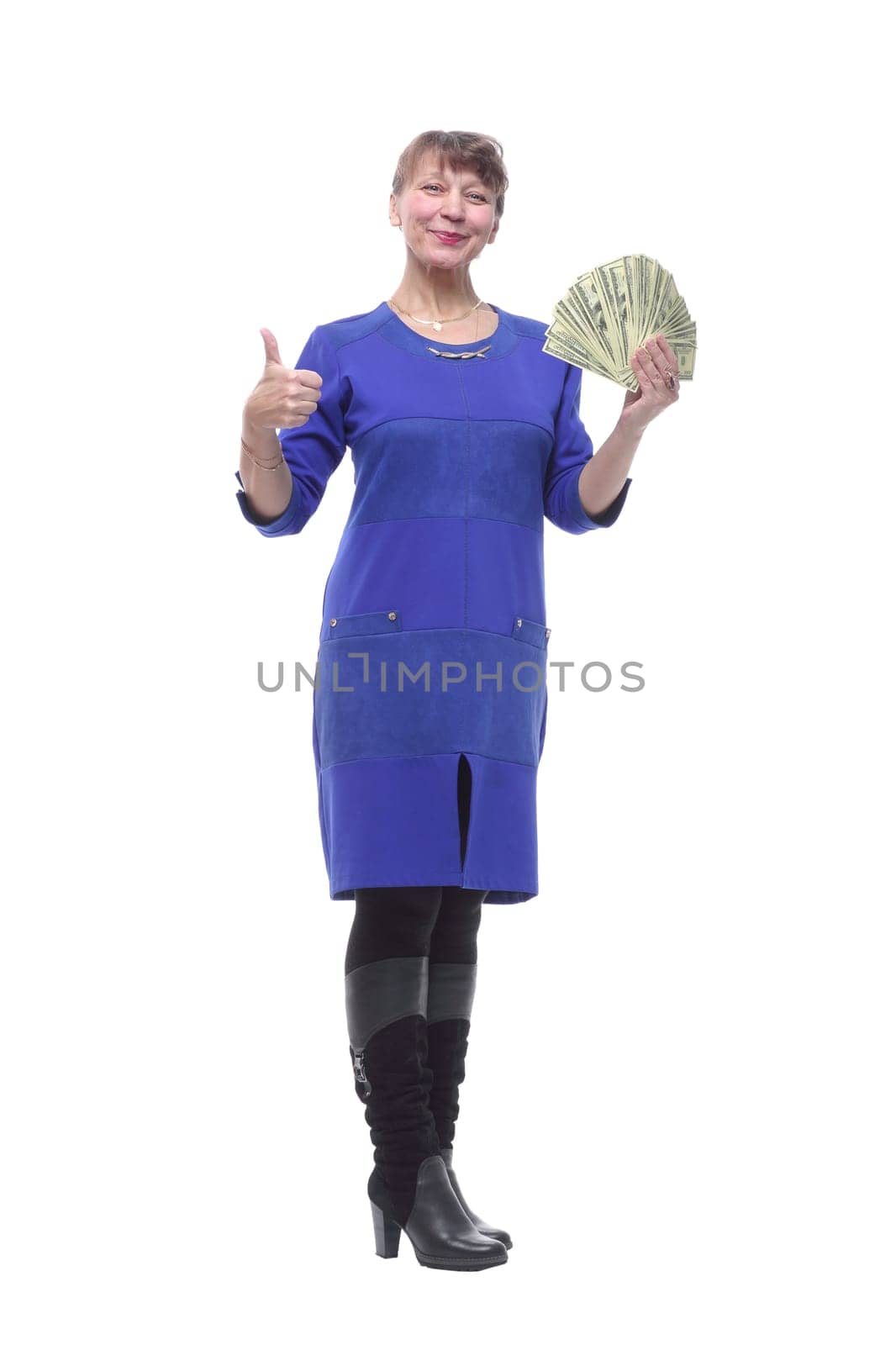 Business woman holding fan of cash money in dollar banknotes isolated on white background