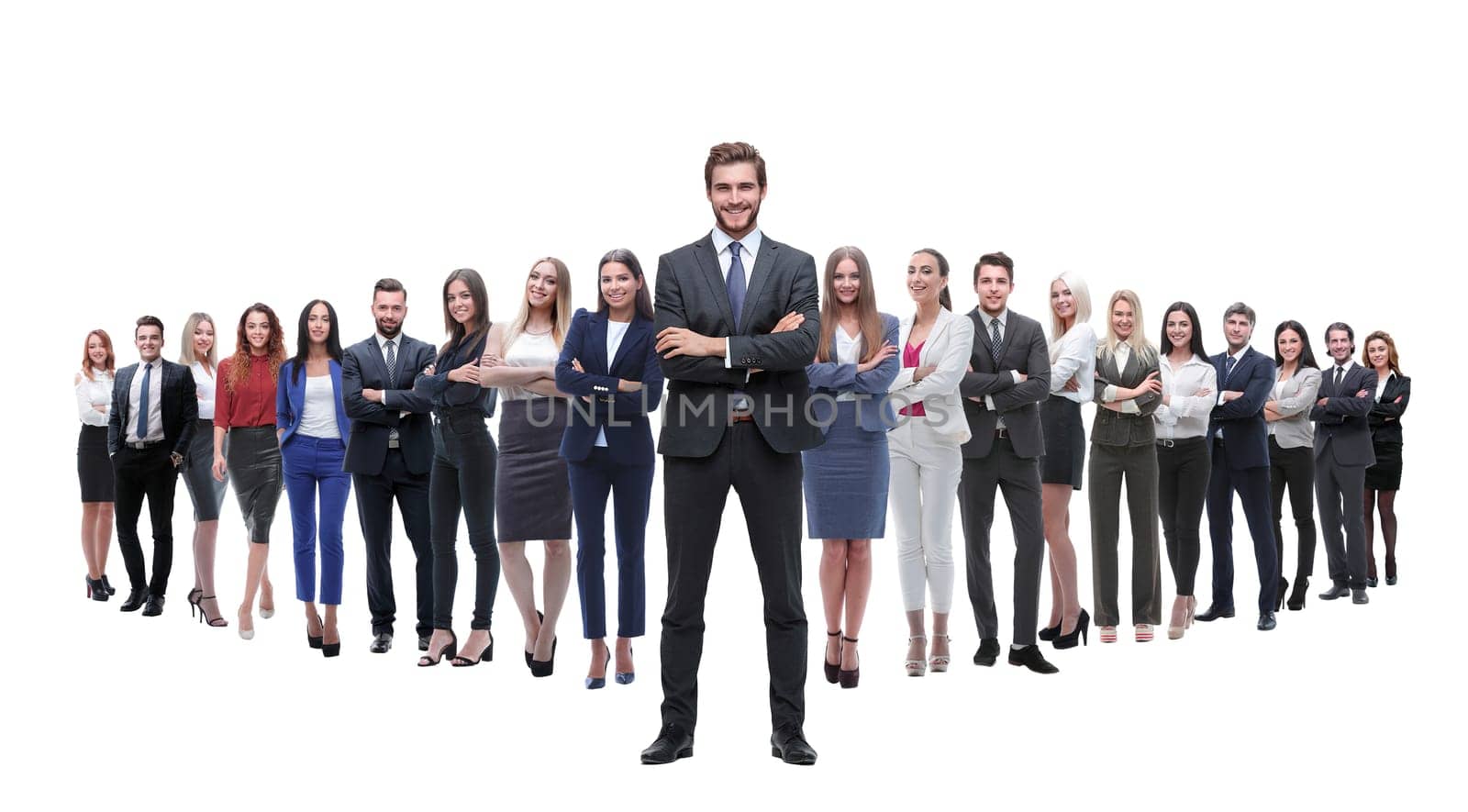leader standing on the background of a large business team . isolated on white background.