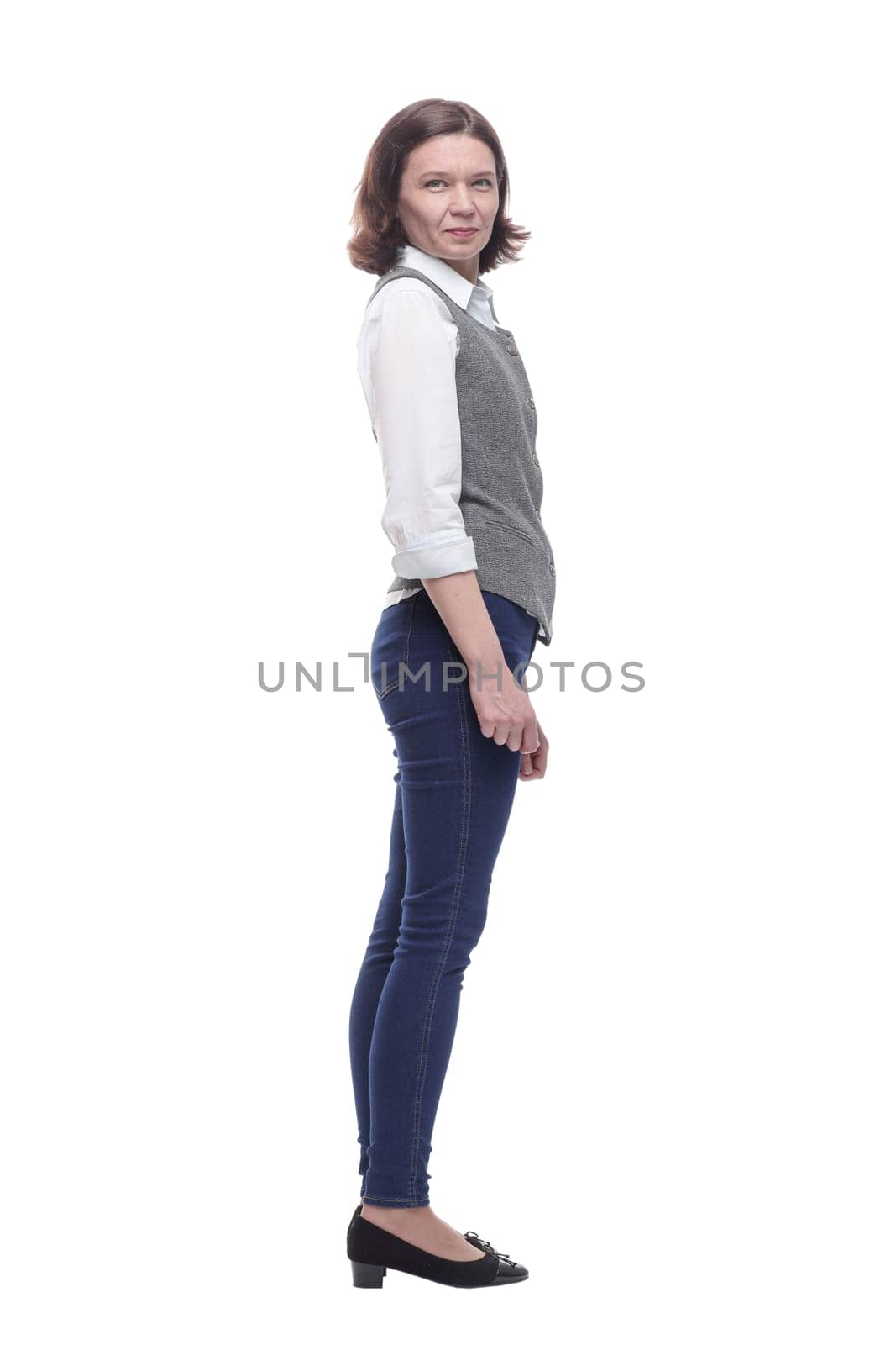 Mature woman in casual clothes looking forward. isolated on a white background.