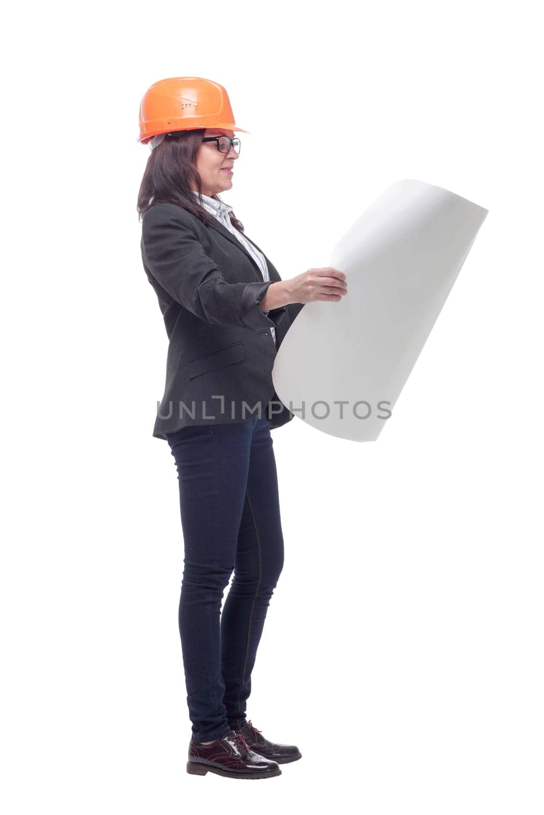Businesswoman architect holding blueprints isolated on white background and wearing orange hardhat