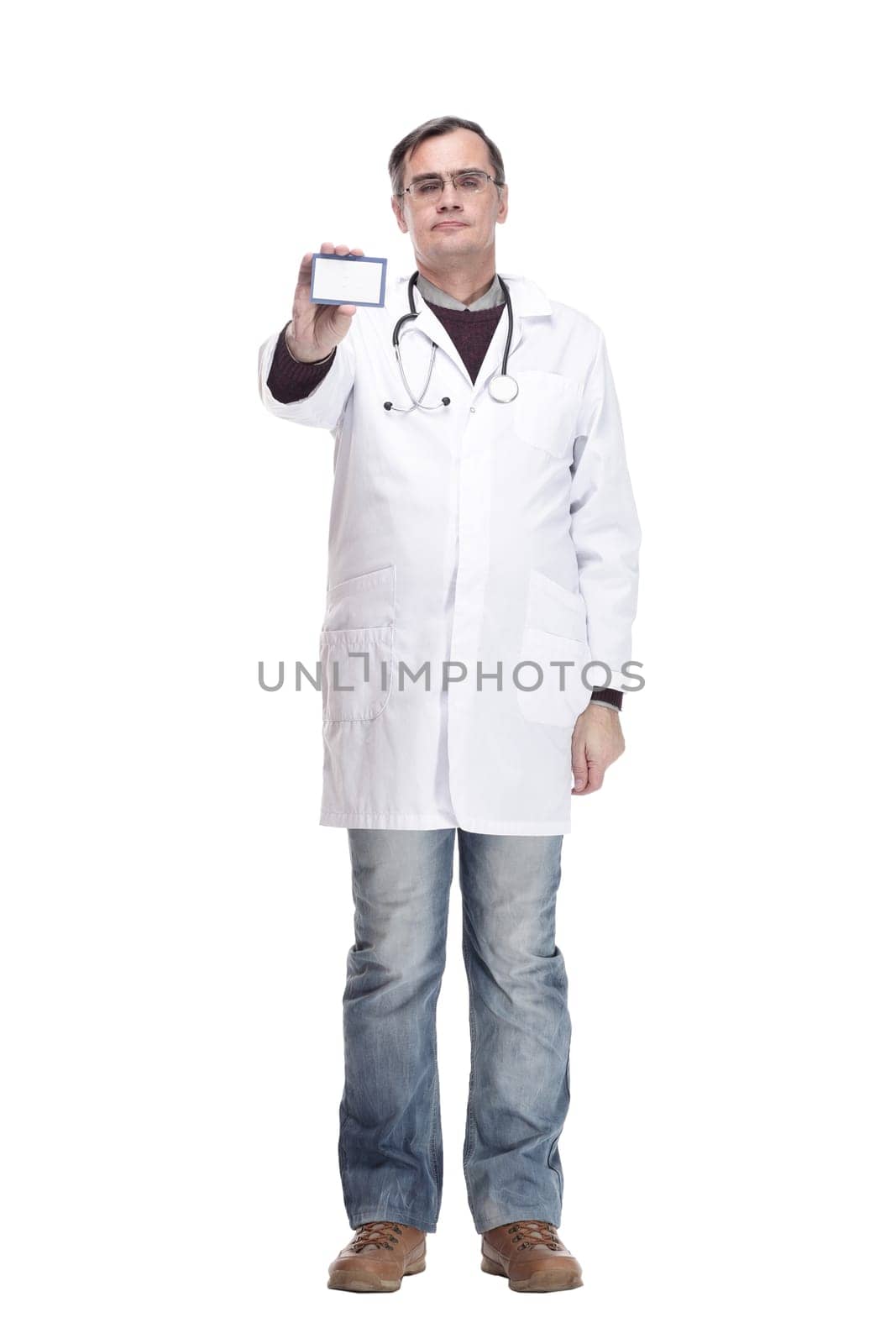 full-length. qualified doctor showing his visiting card. isolated on a white background.
