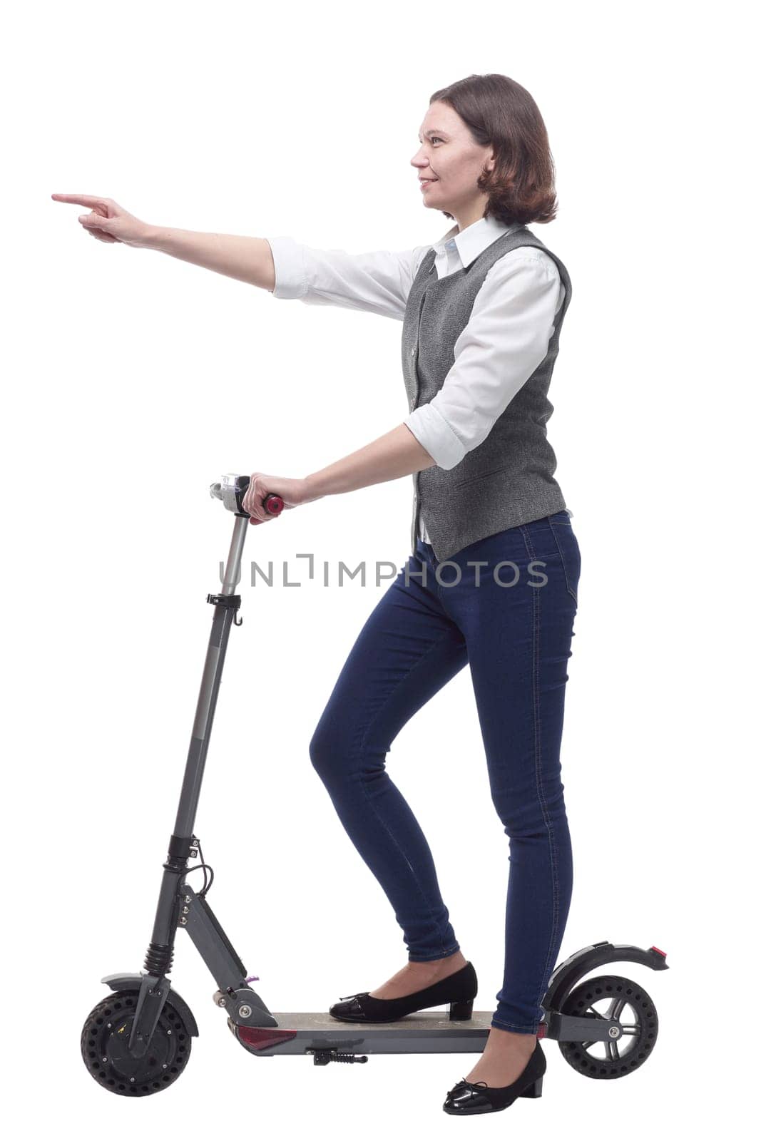casual mature woman with electric scooter. isolated on a white background.