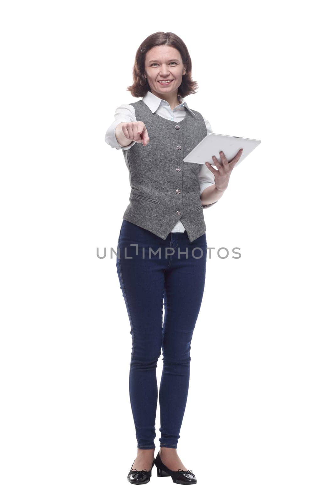 attractive mature woman with a digital tablet. isolated on a white background.