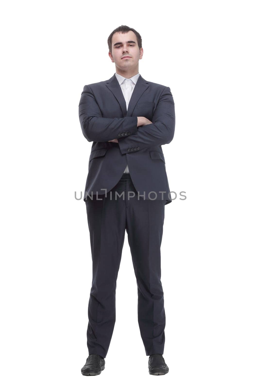 The elderly woman pointed at the calculator over white bacground