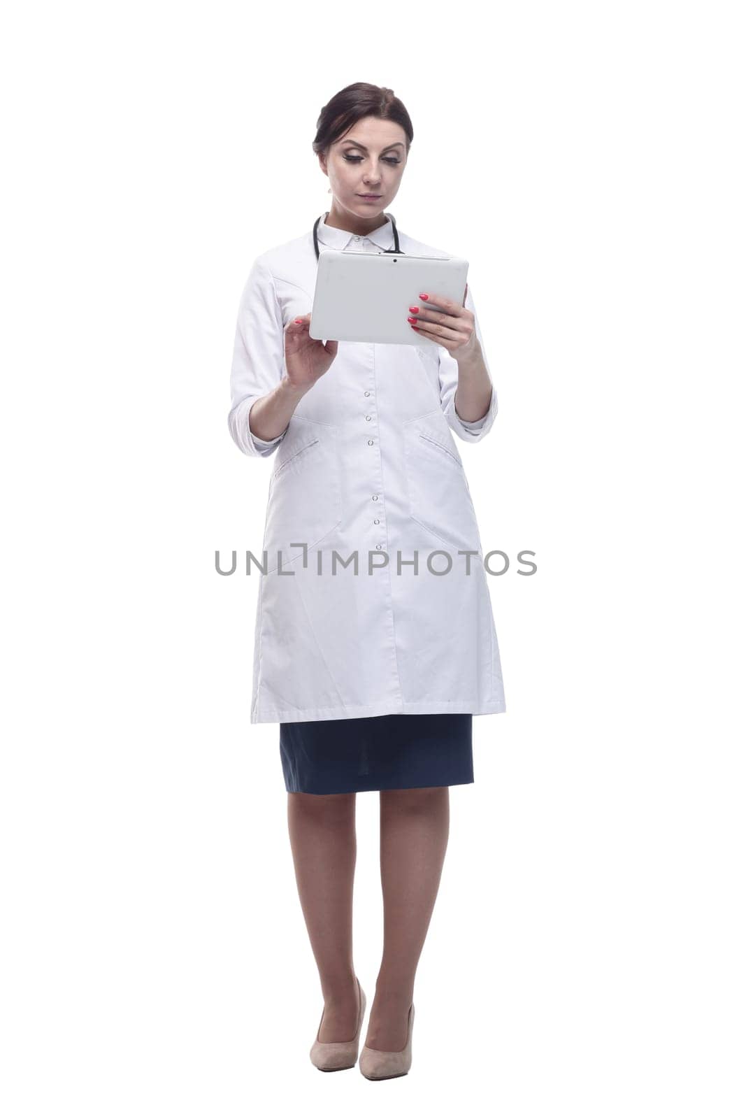 woman doctor with a stethoscope in her hands. isolated on a white background.