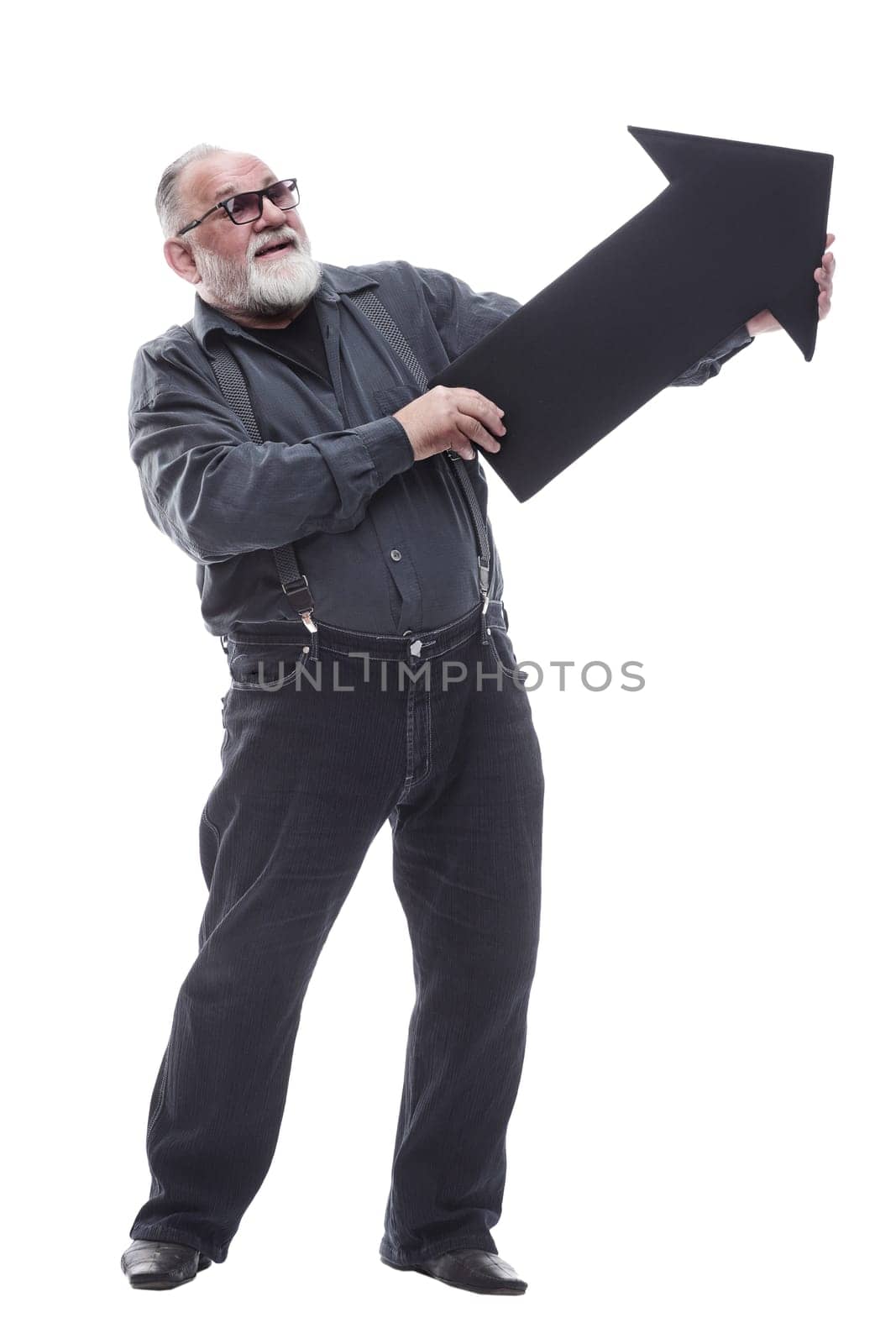 full- length . confident older man pointing the direction . isolated on a white