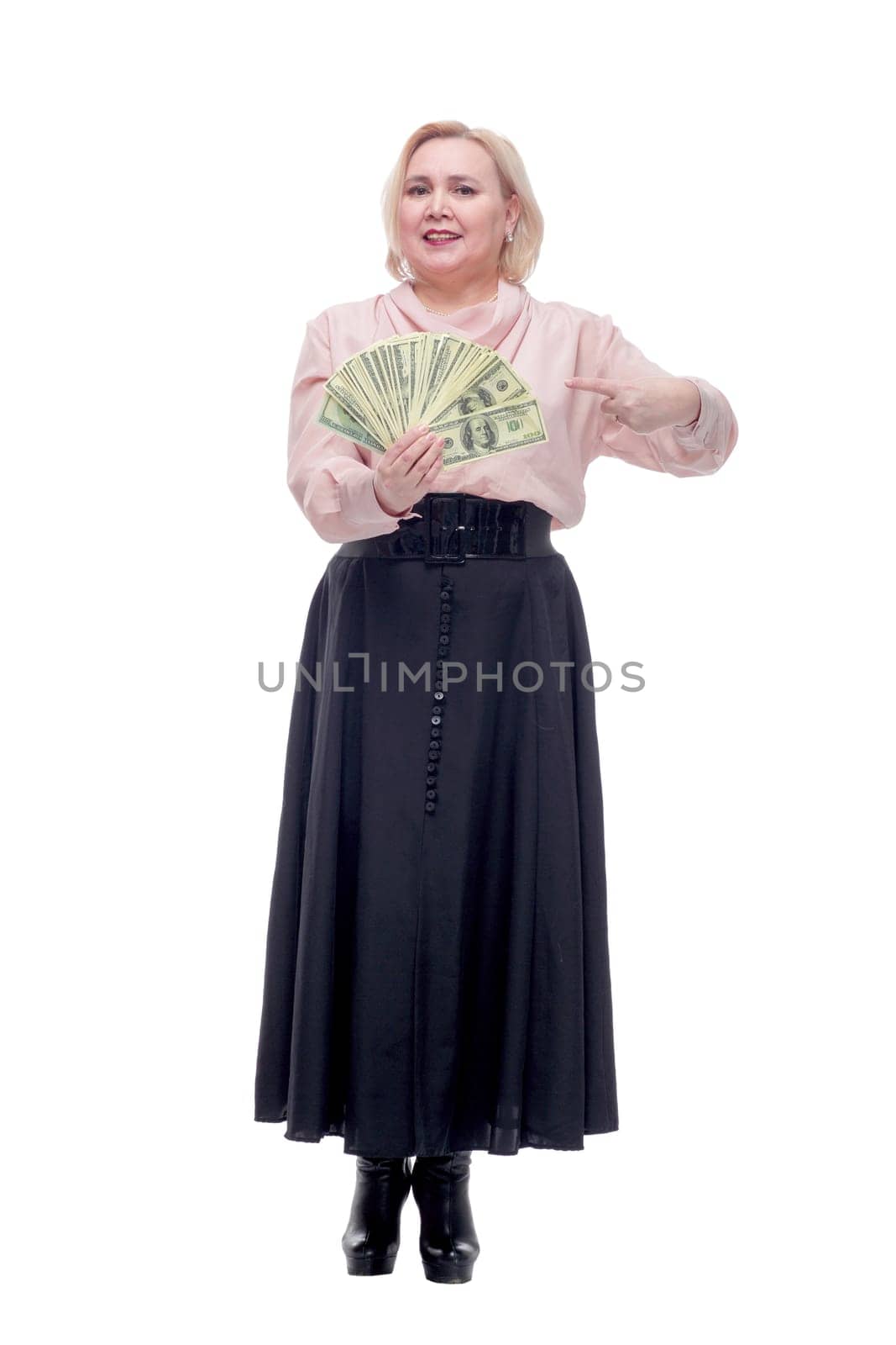 Young happy blinde woman with dollars in hand. Isolated on white background.