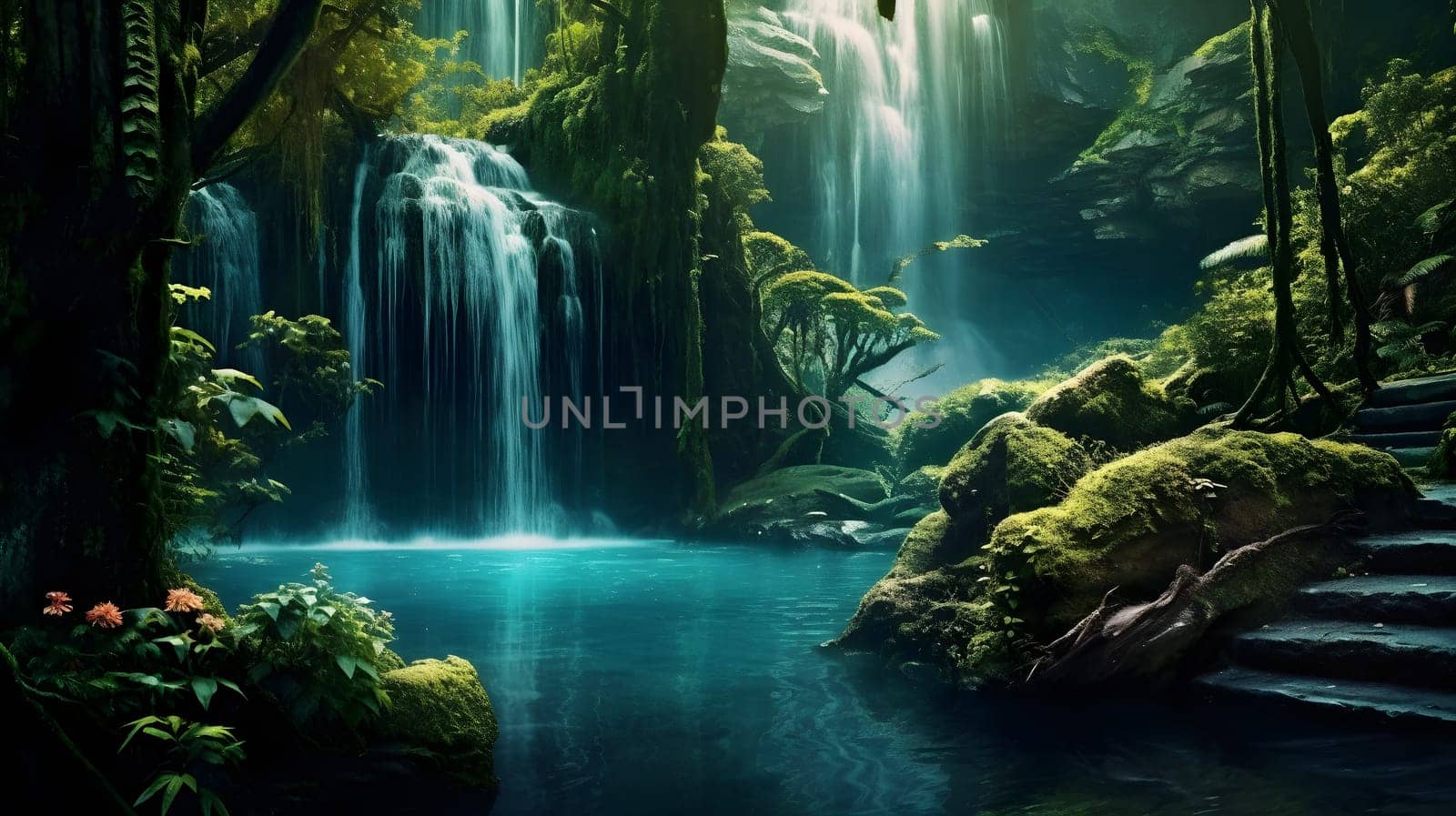 Waterfall in the middle of a jungle, fantasy landscapes, generative AI, AI generated