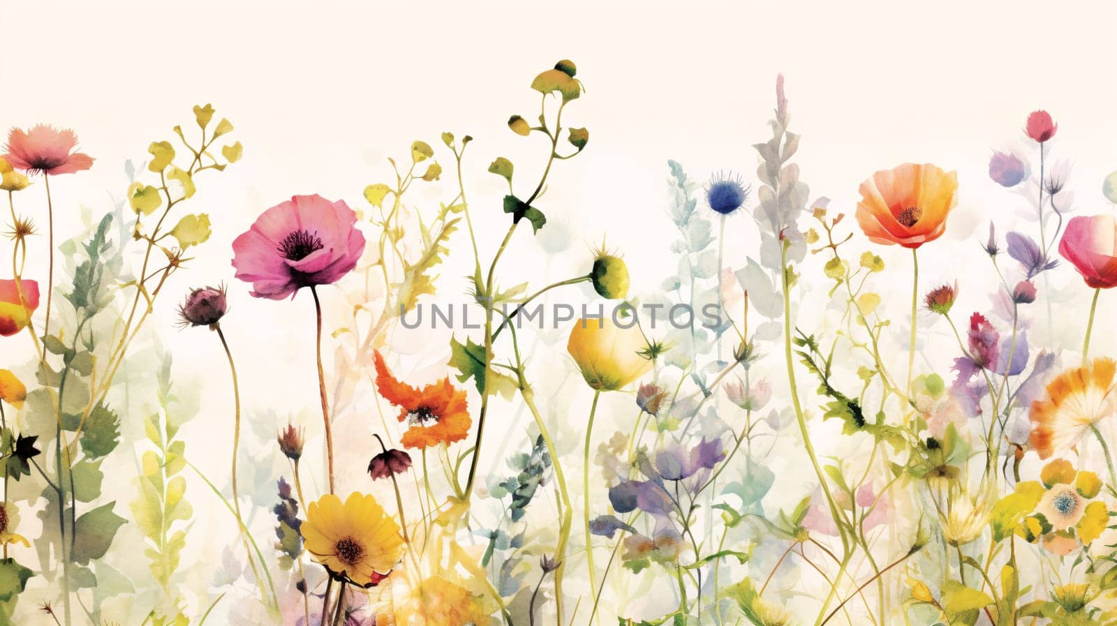 Colorful iridescent watercolor painting of wildflowers, sensitivity to the natural world concept, Generative AI