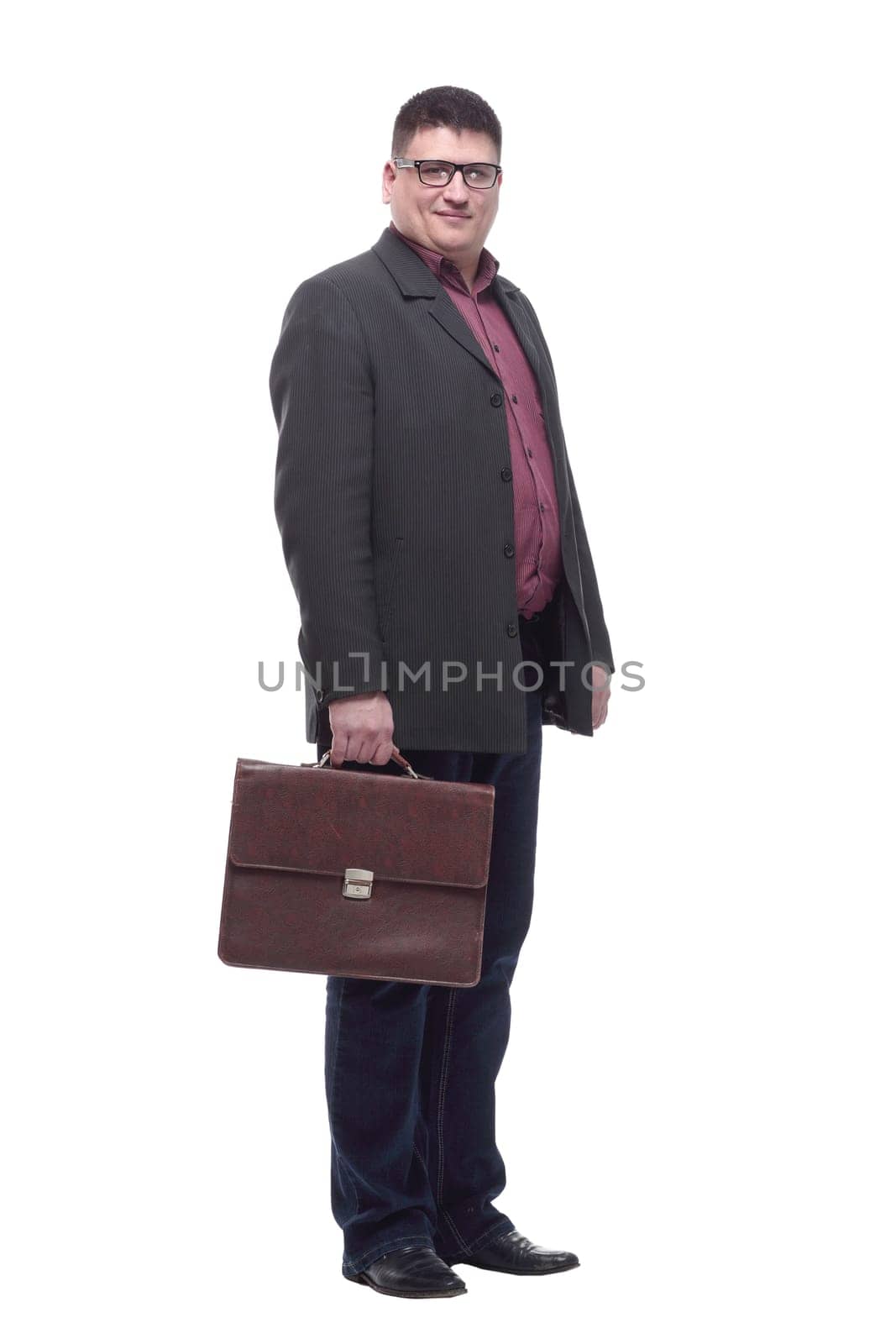 Mature business man with a leather briefcase. isolated on a white background.