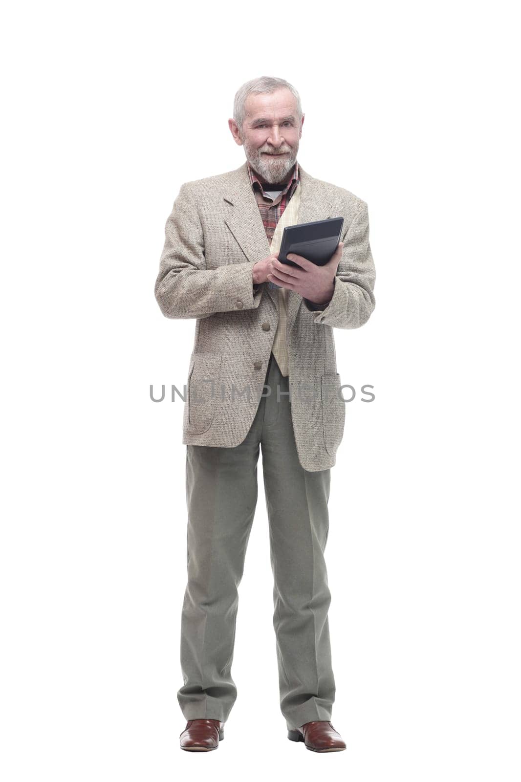 elderly business man with a calculator. isolated on a white background.