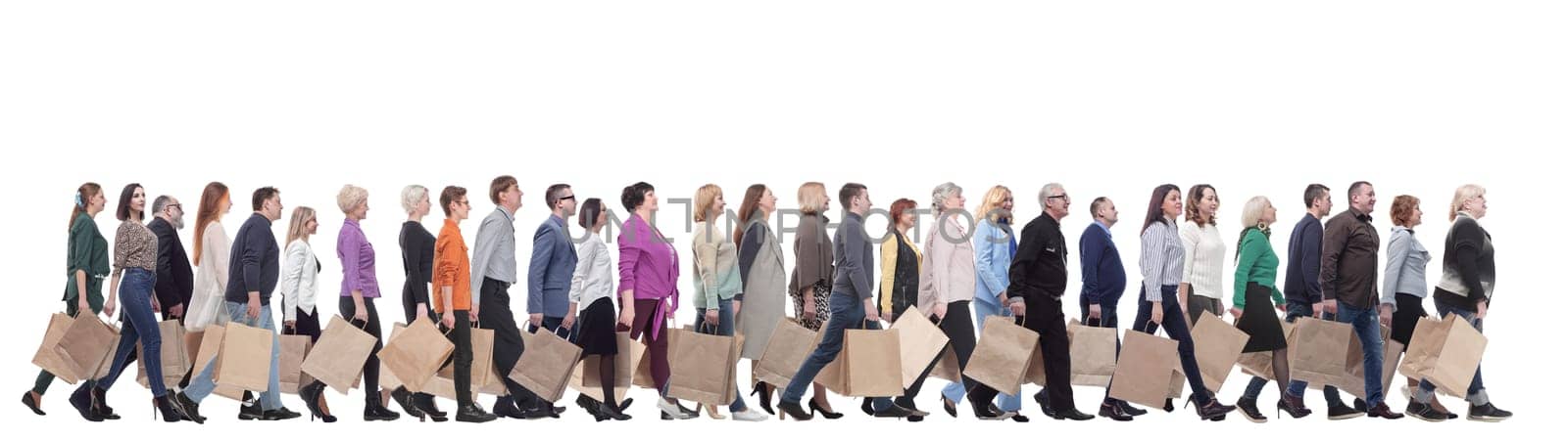 a group of people stand in line with shopping bags. isolated on white