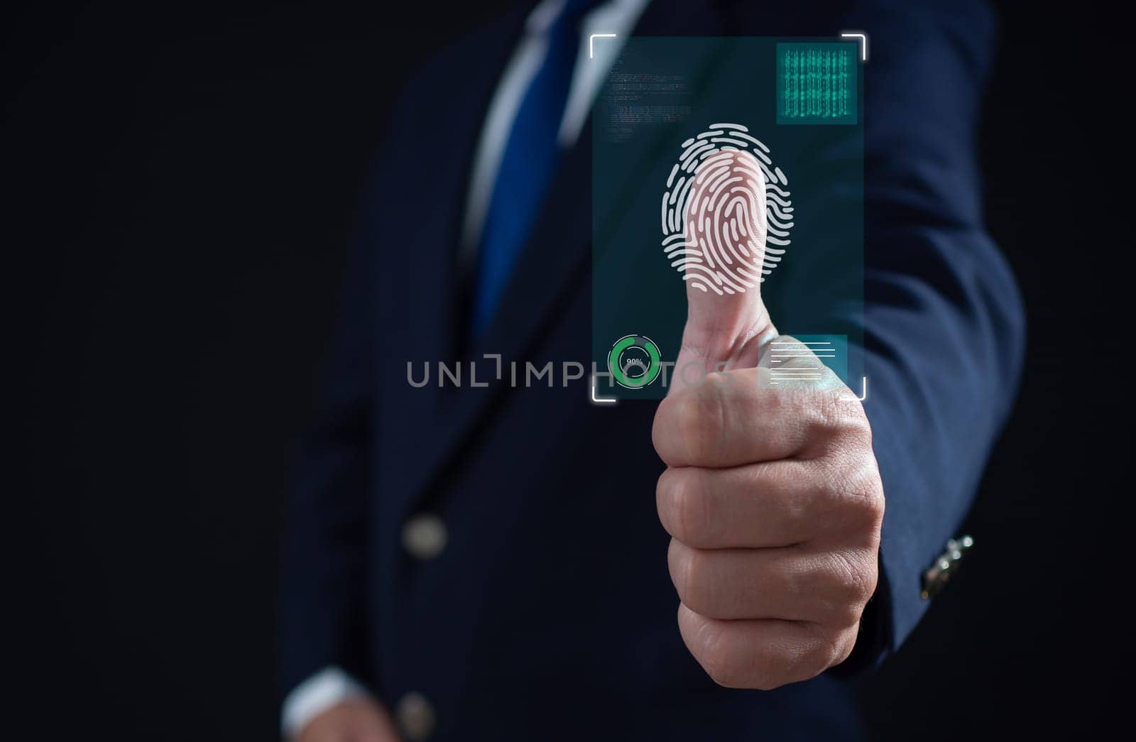 Businessman scan fingerprint biometric identity and approval. Secure access granted by valid fingerprint scan, Business Technology Safety Internet Network Concept, Business Technology Safety Internet Network Concept.