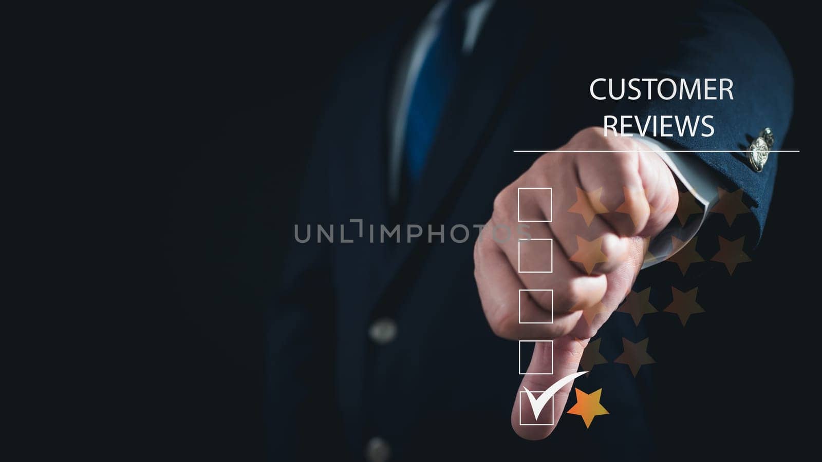 concept customer dissatisfaction experience. The businessman rated one star for the service provided. Poor reviews, poor service, dislikes, poor quality, low ratings, bad social media. by Unimages2527