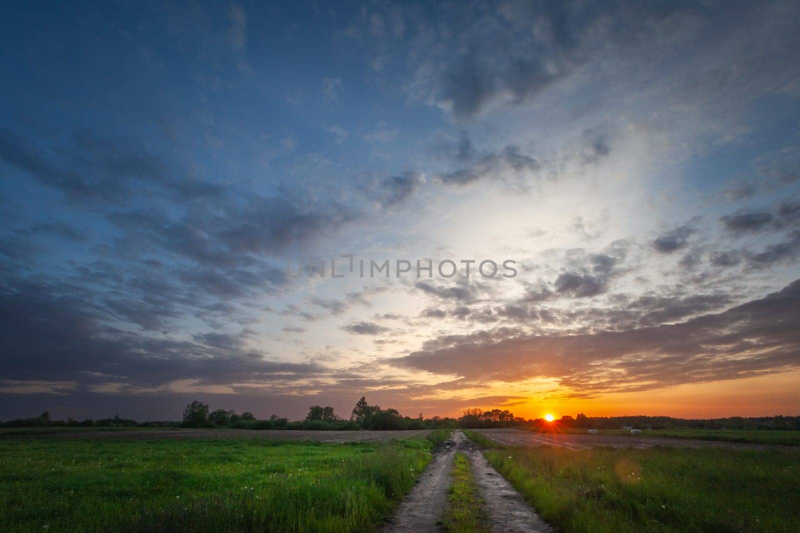Sunset and evening clouds over meadow with dirt road by darekb22