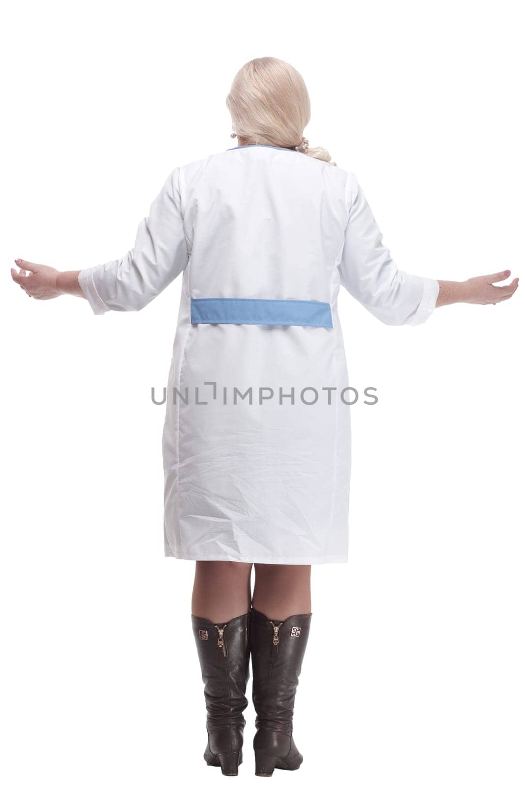 Mature female paramedic with a stethoscope . isolated on a white background.