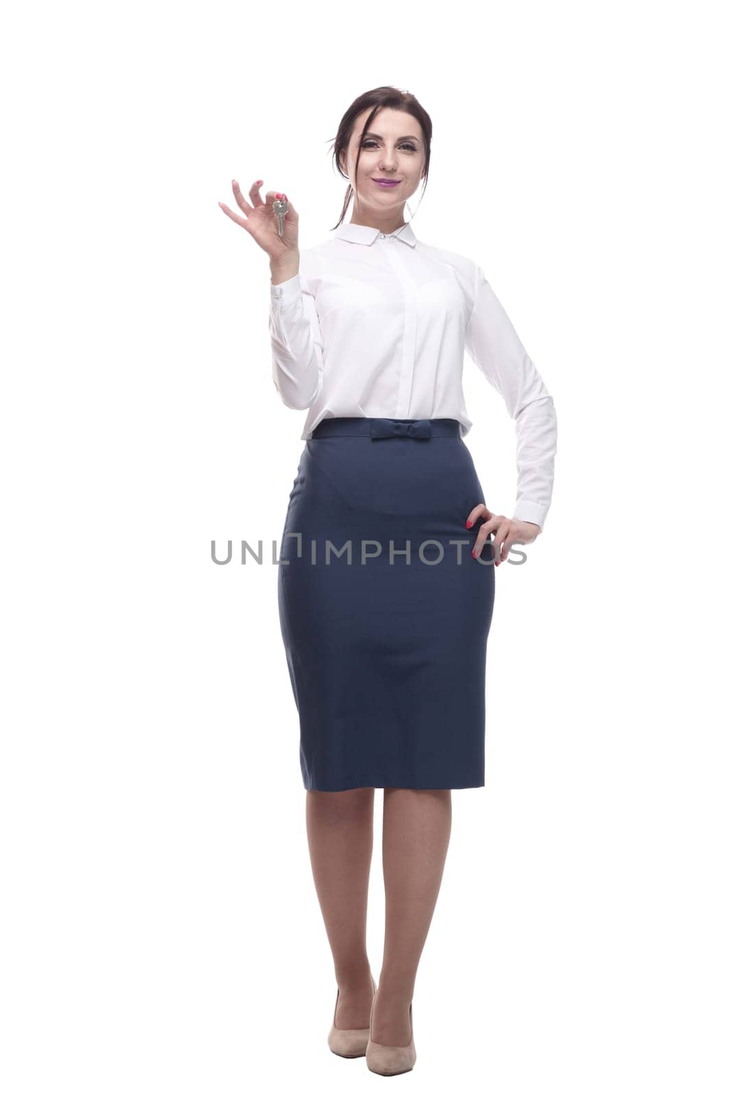 full-length. young business woman with a smartphone . isolated on a white background