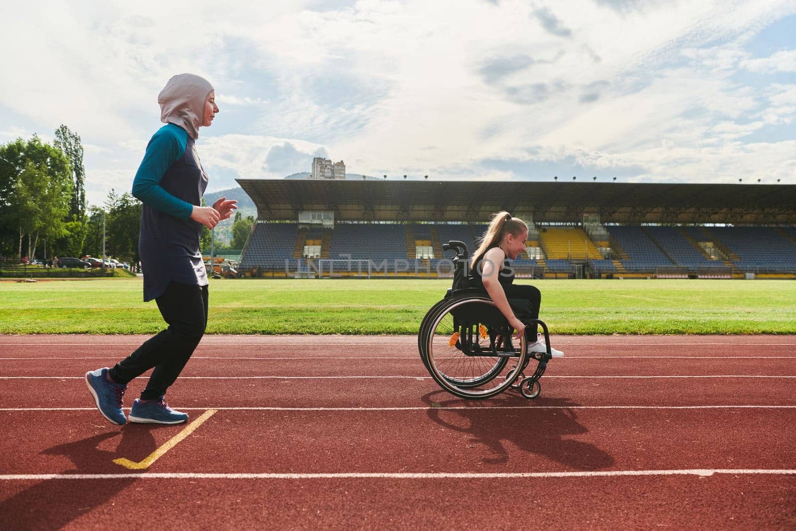 A Muslim woman in a burqa running together with a woman in a wheelchair on the marathon course, preparing for future competitions