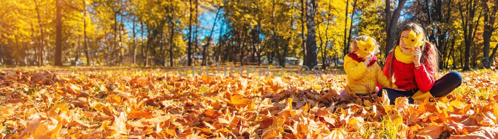 Autumn child in the park with yellow leaves. Selective focus. by yanadjana