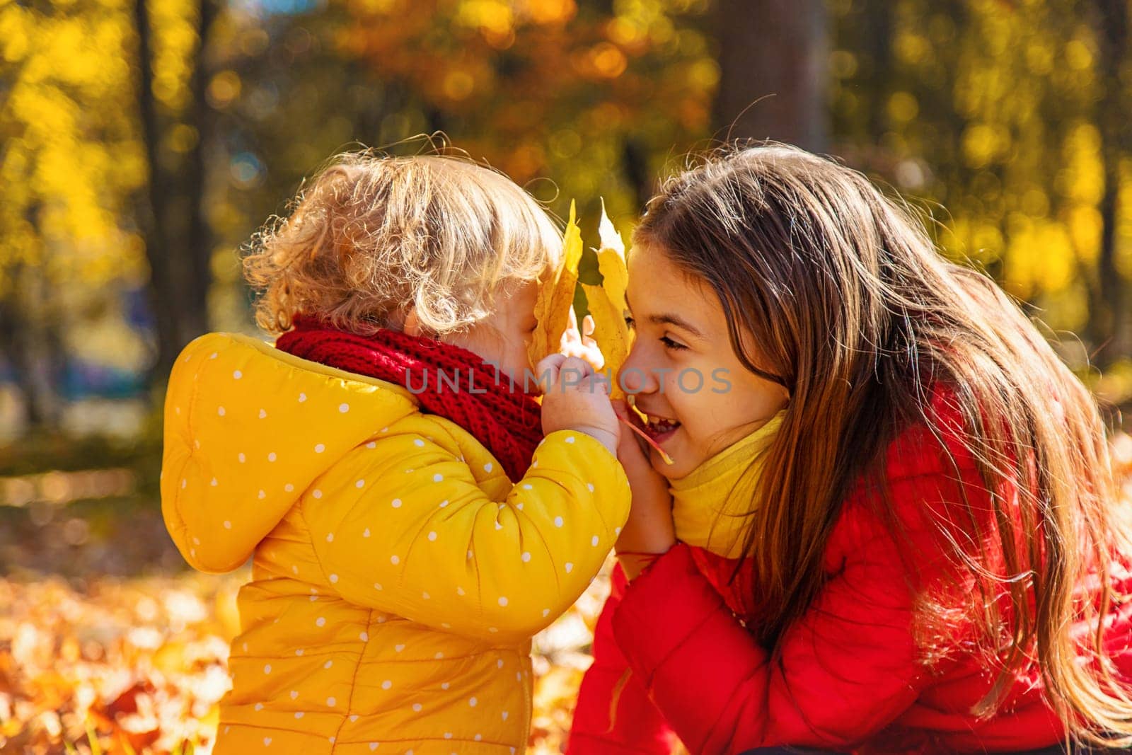 Autumn child in the park with yellow leaves. Selective focus. by yanadjana