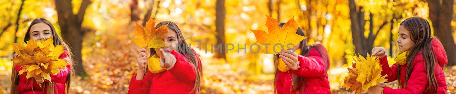 Autumn child in the park with yellow leaves. Selective focus. by yanadjana