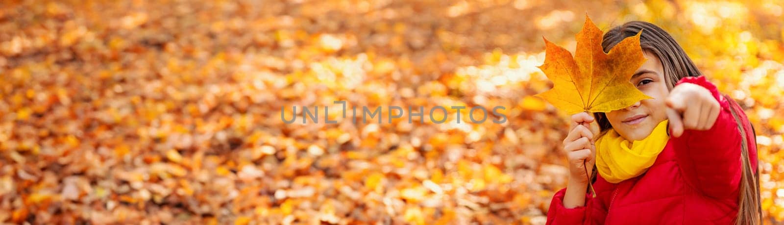 Autumn child in the park with yellow leaves. Selective focus. Kid.