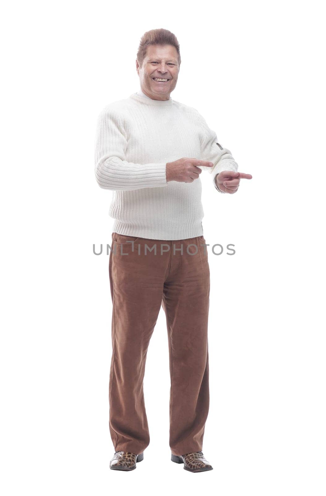 in full growth. adult successful man showing thumbs up . isolated on a white