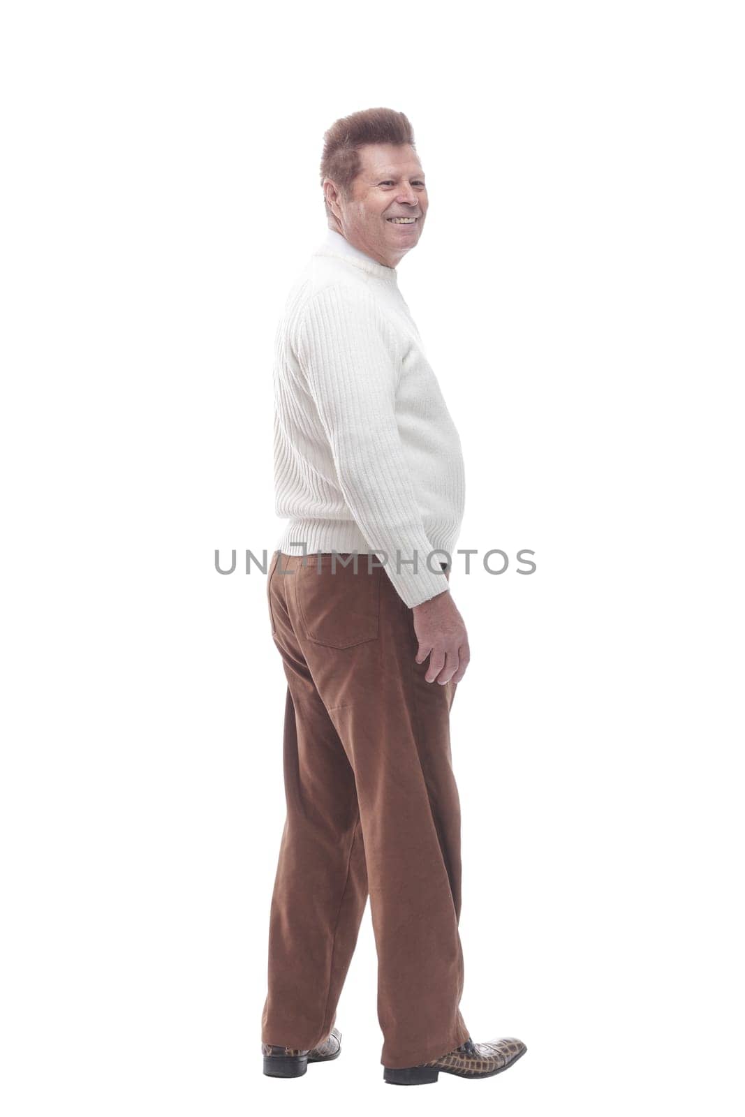 rear view. adult casual male looking at blank screen . isolated on a white