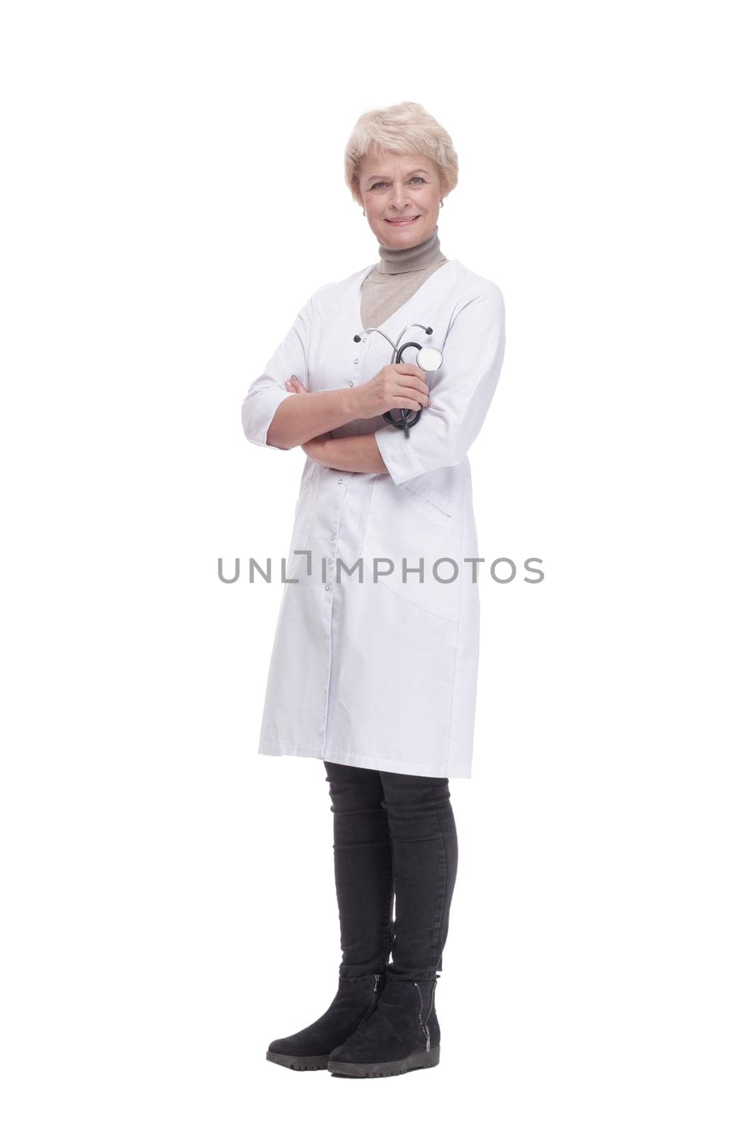 responsible woman doctor with a stethoscope in her hands . isolated on a white background.
