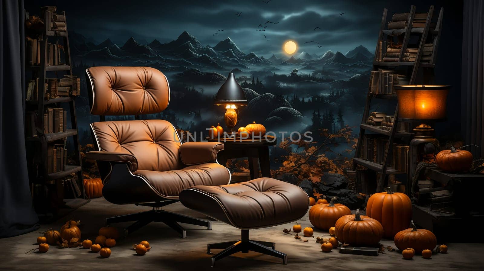 Gloomy Halloween background with spooky pumpkins, spooky Halloween haunted mansion. Evil house at night with full moon and bats.