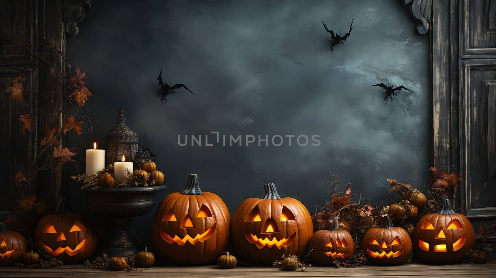 Gloomy Halloween background with spooky pumpkins, spooky Halloween haunted mansion. by AndreyKENO