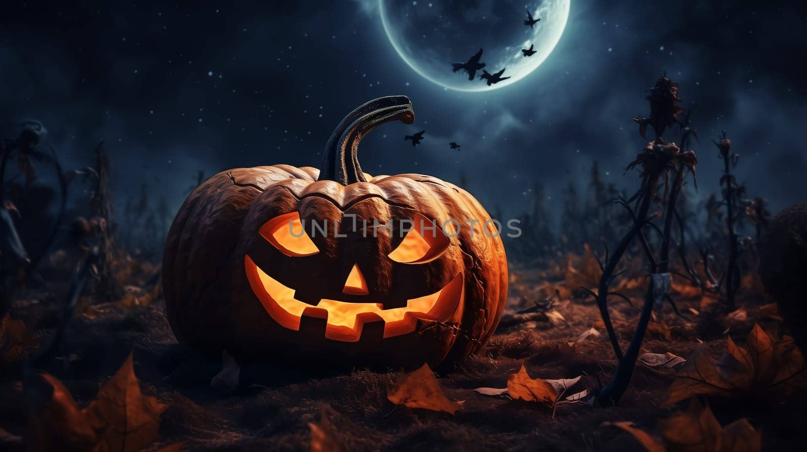 Gloomy Halloween background with spooky pumpkins, spooky Halloween haunted mansion. by AndreyKENO